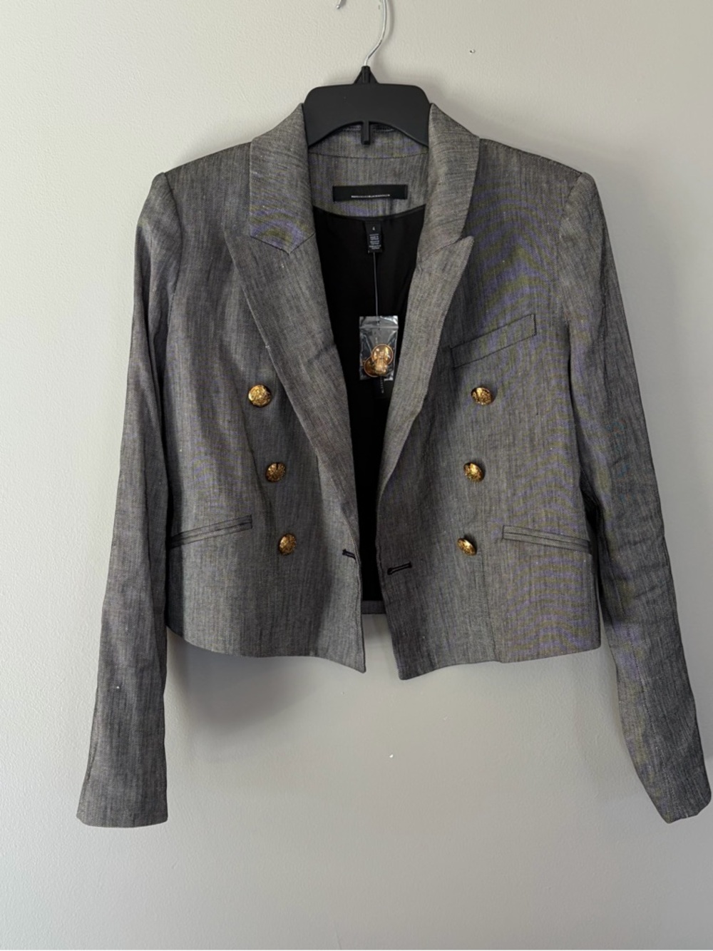 White House Black Market Gray Double-Breasted Cropped Blazer with Gold Buttons